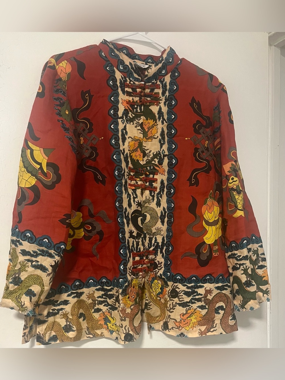 Citron Multicolor Dragon Motif Shirt Jacket in Red and Teal